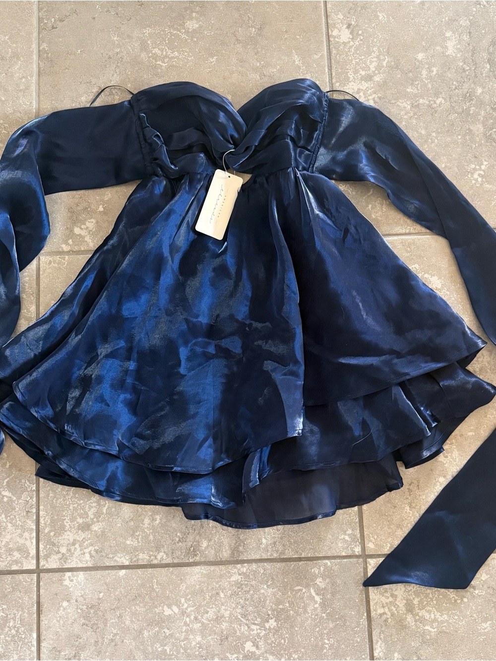 American Threads Deep Navy Satin-Look Off-Shoulder Party Dress